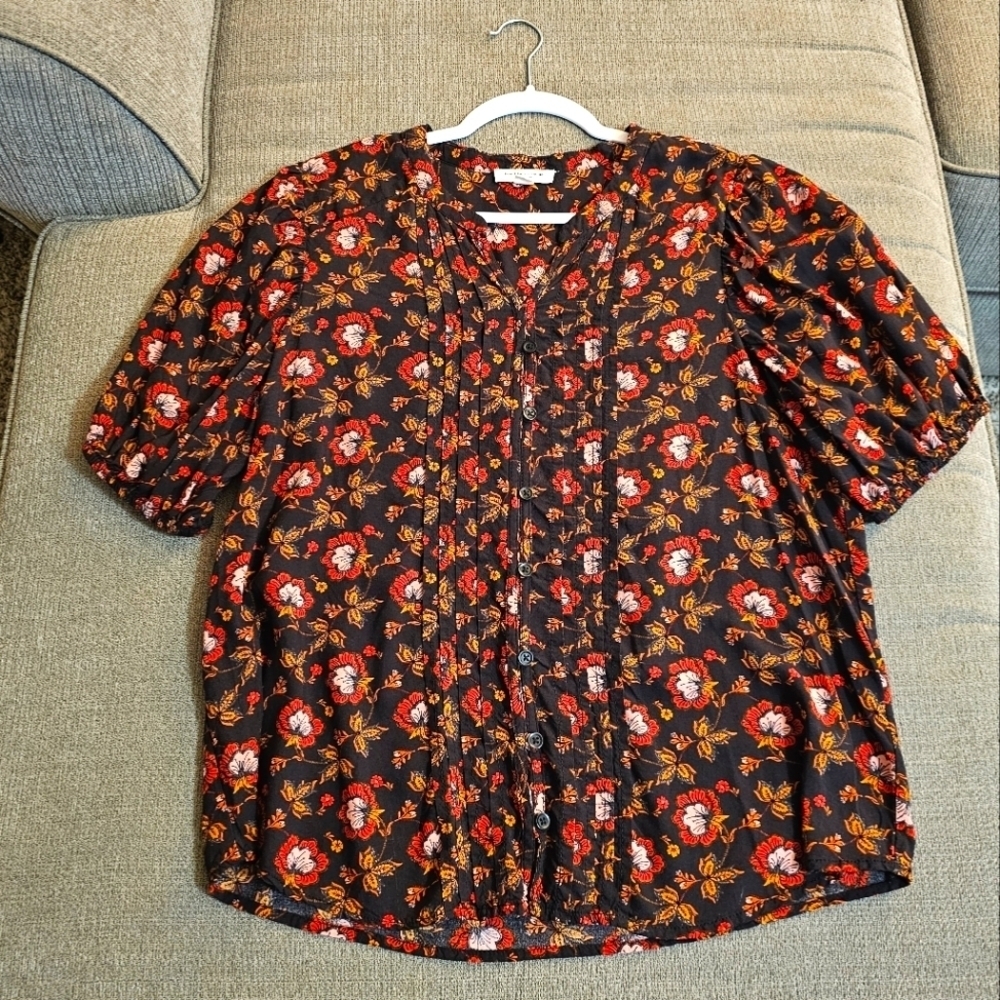 Beach Lunch Lounge Black Red Boho Floral Casual Button Top Size Medium